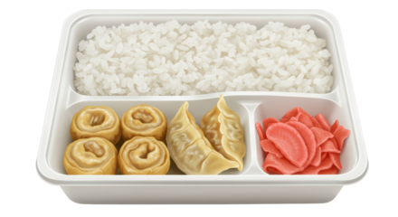 Isolated Asian Dumplings and Rice in Takeout Container