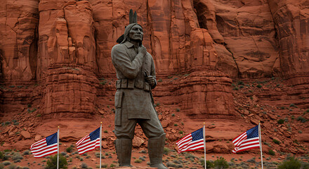 Monument Valley Native American Statue with American Flags