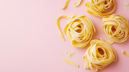 Top view of three nests of dried tagliatelle pasta on a pink background with some loose strands and parmesan cheese.