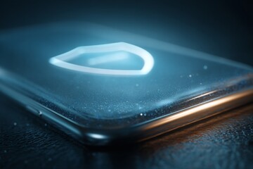 Secure mobile phone with glowing shield icon displaying data protection and cybersecurity in dark setting