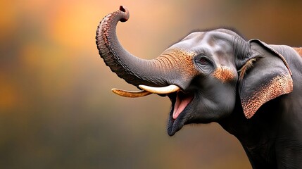Elephant raises its trunk and opens its mouth in a side view against a blurred warm toned backdrop.