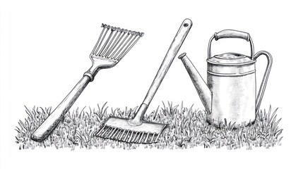 Hand-drawn garden tools in grass