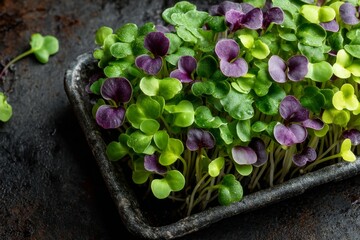 Radish microgreens mix in tray with green and purple cotyledons, close-up view against dark background for culinary and healthy food visuals