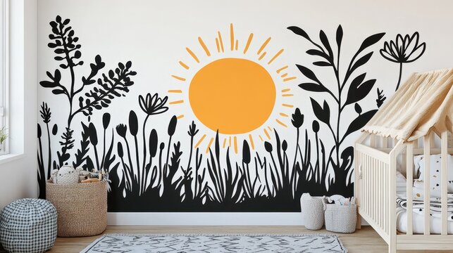 Stylish wall mural design depicting plants and a sun.