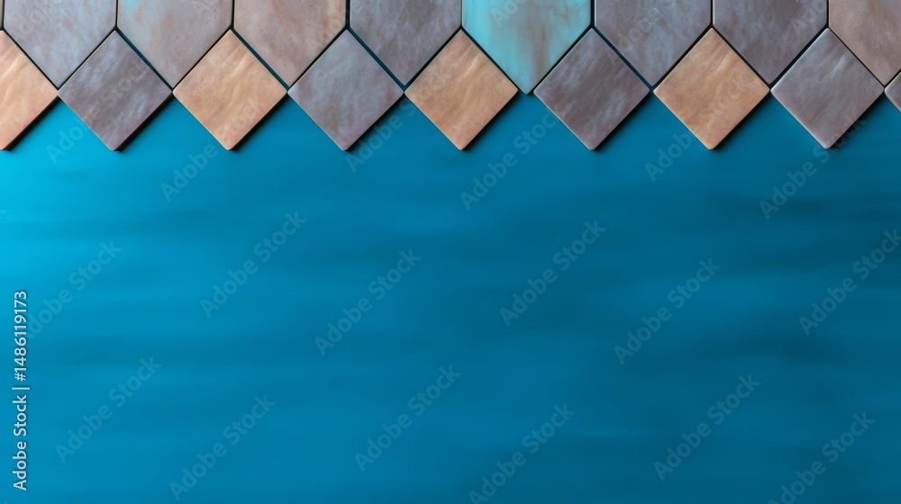 Poster Blue background with a pattern of brown and blue squares and triangles. The squares are arranged in a way that creates a sense of depth and texture, while the triangles add a sense of movement
