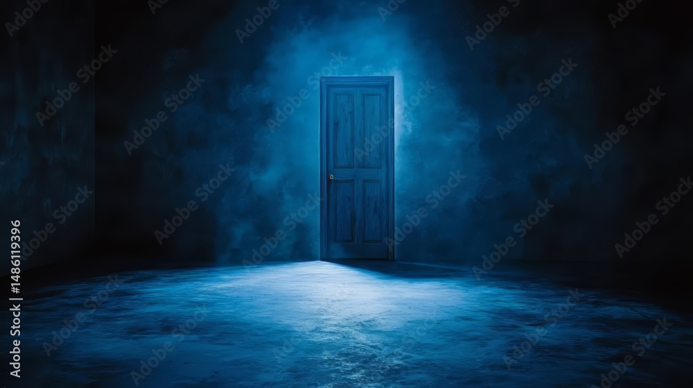 Aufkleber Blue door is open in a dark room. The door is the only source of light in the room