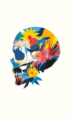 Skull adorned with vibrant tropical flora