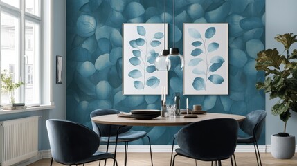 Teal wall decor with eucalyptus leaves in a dining room.