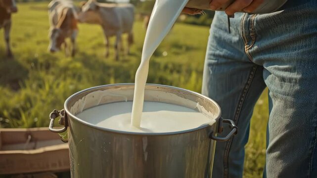 Farmer pours fresh milk into a bucket with cows grazing peacefully in the background on a sunny day