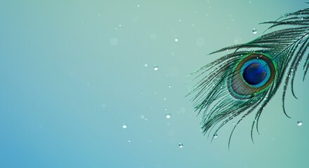 Exquisite Peacock Feather with Water Droplets on a Soft Blue Background showcasing vibrant iridescent plumage and delicate details.