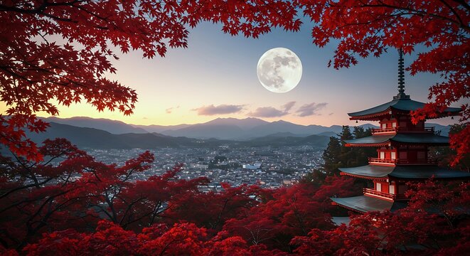 A serene view of a pagoda surrounded by red foliage with a full moon illuminating the night sky - Powered by Adobe