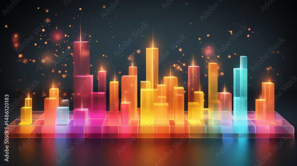 Poster cityscape made of colorful blocks is lit up with bright lights. the city is full of tall buildings a
