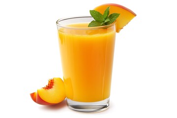 	Fresh peach juice in a clear glass, soft orange hue with peach slices and mint garnish, set on a white background 