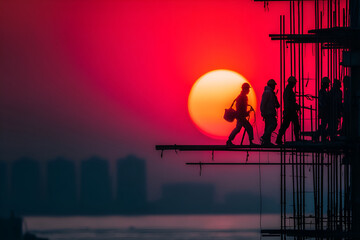 Giant red sun setting behind construction workers in silhouette on a high-rise