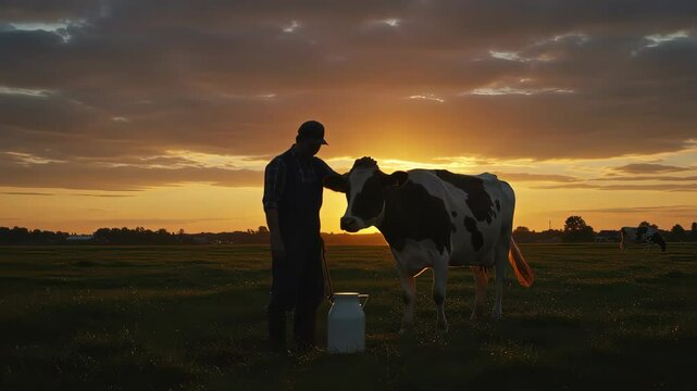 Farmer with cow at sunset silhouette scene showing rural lifestyle and agricultural practices