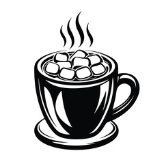 Monochrome Drawing of Hot Drink Cup Filled with Marshmallows and Steam on a Saucer