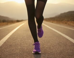A woman in black leggings and purple sneakers runs along a deserted road at sunset, embodying determination and freedom.