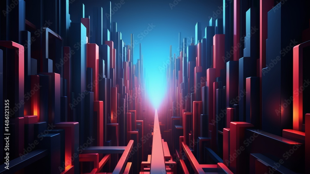 Poster cityscape with a long, narrow path between tall buildings. the buildings are made of blocks and are 