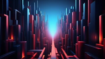 Cityscape with a long, narrow path between tall buildings. The buildings are made of blocks and are mostly red and blue. The sky is blue and the sun is shining through the buildings