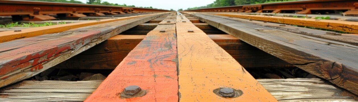 Close-up view of parallel railway tracks converging in the distance with vibrant rust and wood textures.