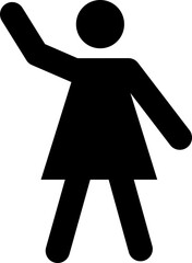 Black pictogram of a woman standing with legs apart and waving one arm