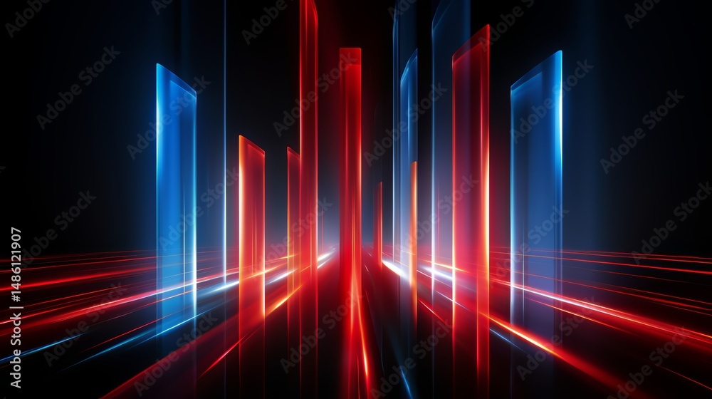 Poster cityscape with tall buildings and a red and blue color scheme. the buildings are made of glass and t