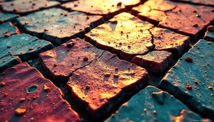 Cracked pavement showing aged texture, revealing underlying layers, erosion, stone, road