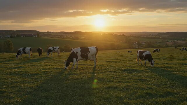 Cows graze peacefully in a lush green pasture at sunset with rolling hills background