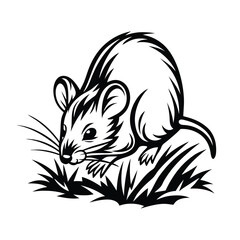 Black & White Mouse Silhouette. Rodent is Foraging in Grass. Wildlife Illustration