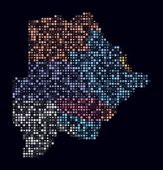 Fototapeta premium Botswana, shape of the country built of colored cells. Digital style map of Botswana on a dark background. Small size rounded square blocks. Artistic vector illustration.
