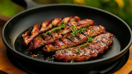 Grilled bacon rests inside a black cast iron skillet garnished with fresh thyme sprigs.