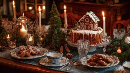 Fototapeta premium Festive Christmas dinner table decorated with gingerbread house cake, cookies, candles, and greenery
