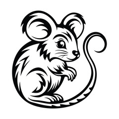 Cute Cartoon Mouse Sitting, Black and White Line Art Style, Rodent Illustration, Isolated