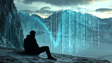 A solitary figure sits in a snowy mountain landscape, contemplating digital data streams in the air