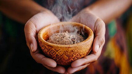 Hands are holding a wooden bowl with smoking herbs in an indoor setting. - high quality Hands are holding a wooden bowl with smoking herbs in an indoo