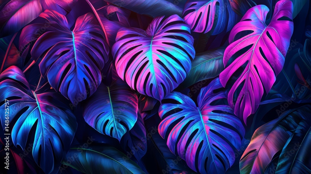 Poster colorful image of leaves with a blue and purple hue. the leaves are arranged in a way that creates a