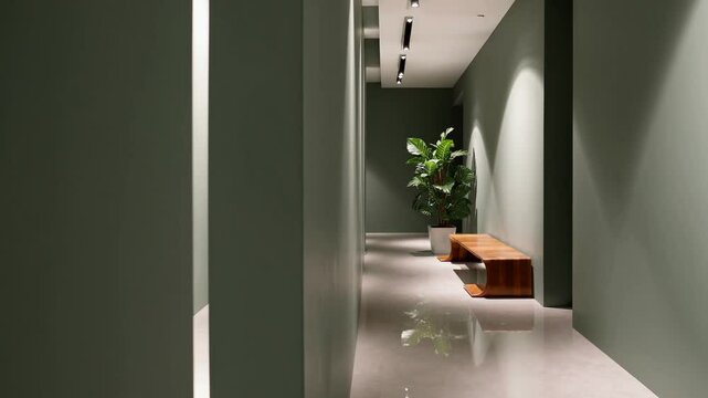Couloir moderne minimaliste avec banc en bois et plante verte

