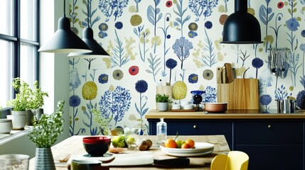 A floral pattern wallpaper adorns a cozy kitchen space.