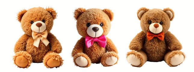 Three Teddy Bears with Bow Ties: Beige, Pink, and Orange, isolated on transparent background