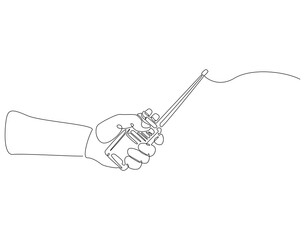 Continuous one line drawing of hand holding walkie talkie. One line drawing illustration of walkie talkie hold by hand. World telecommunication day concept single line. Editable outline