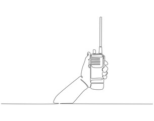 Continuous one line drawing of hand holding walkie talkie. One line drawing illustration of walkie talkie hold by hand. World telecommunication day concept single line. Editable outline