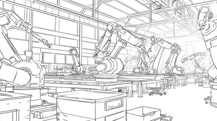 Industrial robots in a factory, outlined drawing.