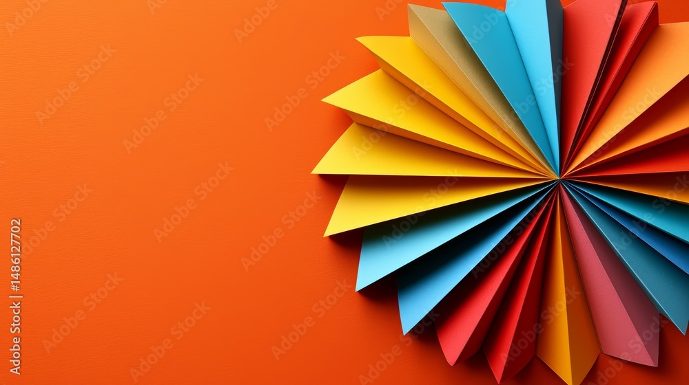 Aufkleber colorful paper fan is displayed on a red background. the fan is made of different colored paper and 