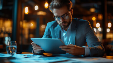 a male professional checking customer analytics dashboard on a tablet