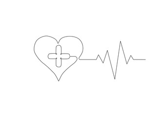 Continuous one line drawing of heart with heartbeat. One line drawing illustration of heartbeat wave. World hypertension day concept single line. Editable outline