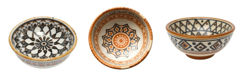 Obraz premium Three Decorative Ceramic Bowls with Geometric Patterns, Isolated on Transparent Background