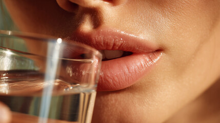 Closeup of lips sipping water from glass with soft natural light and smooth skin texture