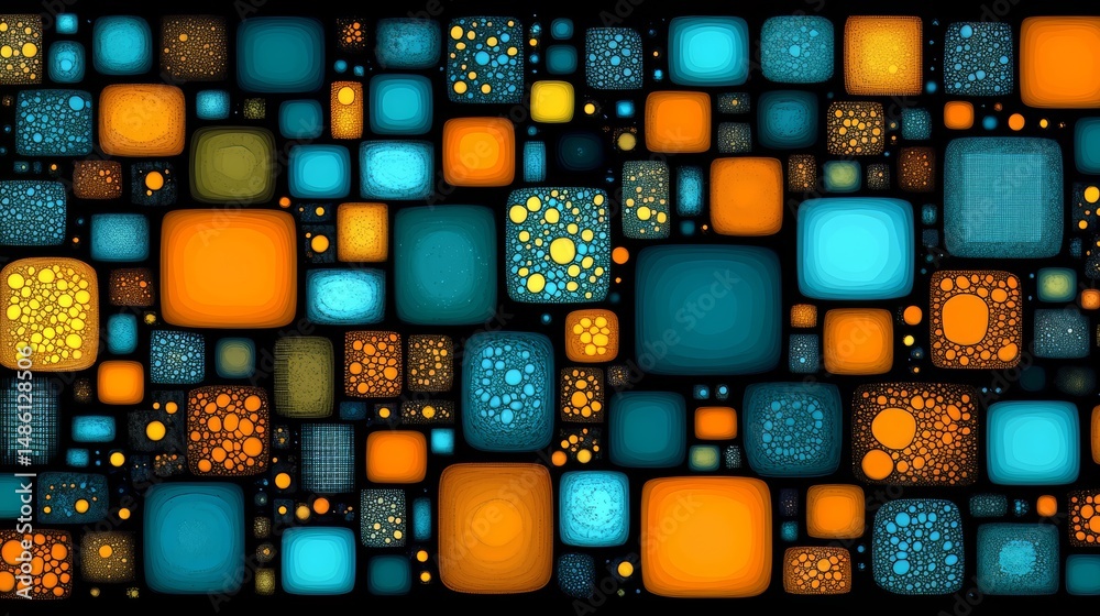 Fototapete colorful pattern of squares and circles. the squares are blue and orange, and the circles are yellow