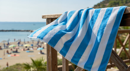 Striped beach towel hanging on a railing with a view of a bustling beach scene
