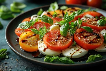Modern Interpretation of Caprese Salad Featuring Heirloom Tomatoes and Fresh Mozzarella Drizzled With Balsamic Glaze on a Wooden Board